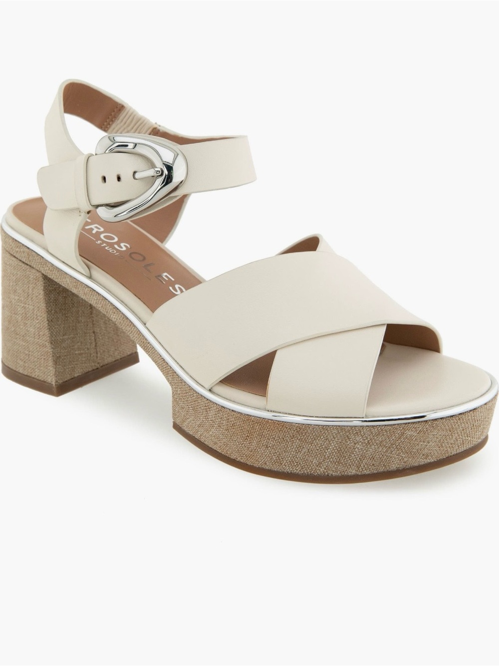 NIB-Aerosoles Zyphr EggNog leather Crisscross SilverBuckle Block Heel Sandals 9M